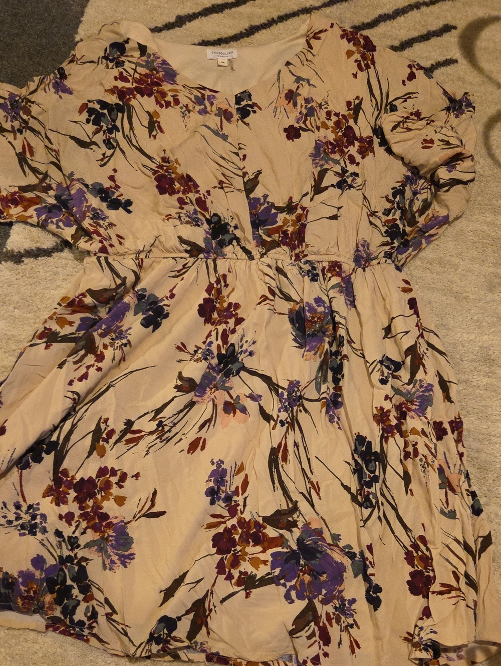 Floral V-Neck Cream Mini Dress with Purple & Brown Print